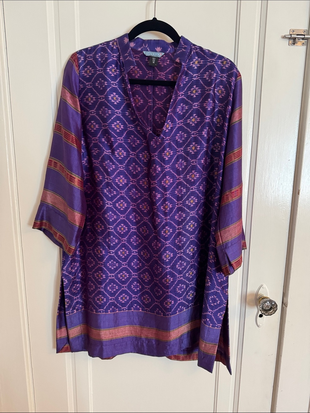 Imperio Silk Purple Patterned Boho Ethnic V-Neck Tunic Top